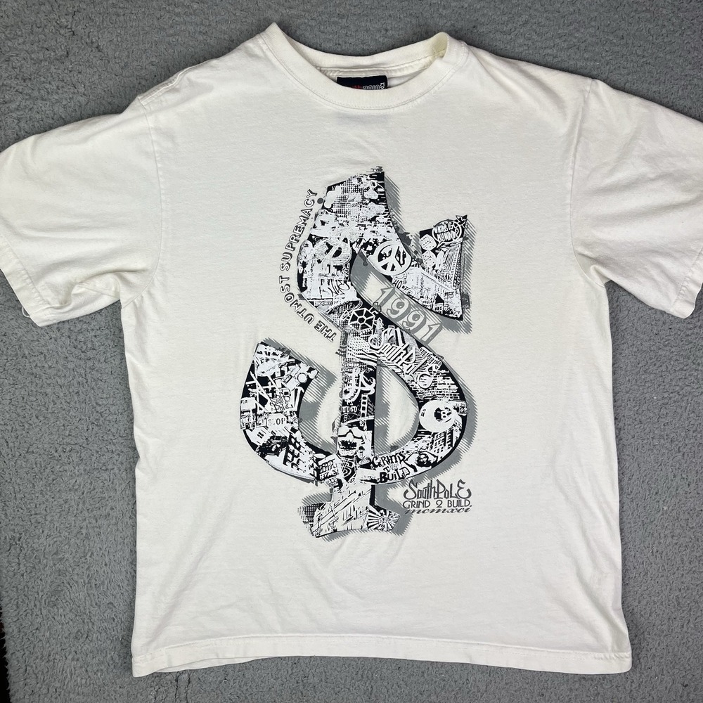 VTG Y2K SouthPole T-Shirt White Sz M Grind To Build Streetwear Skate‎